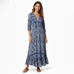 Apricot Boho Floral Paisley Maxi Dress | Blue & White Coastal Chic | UK 12 (M)